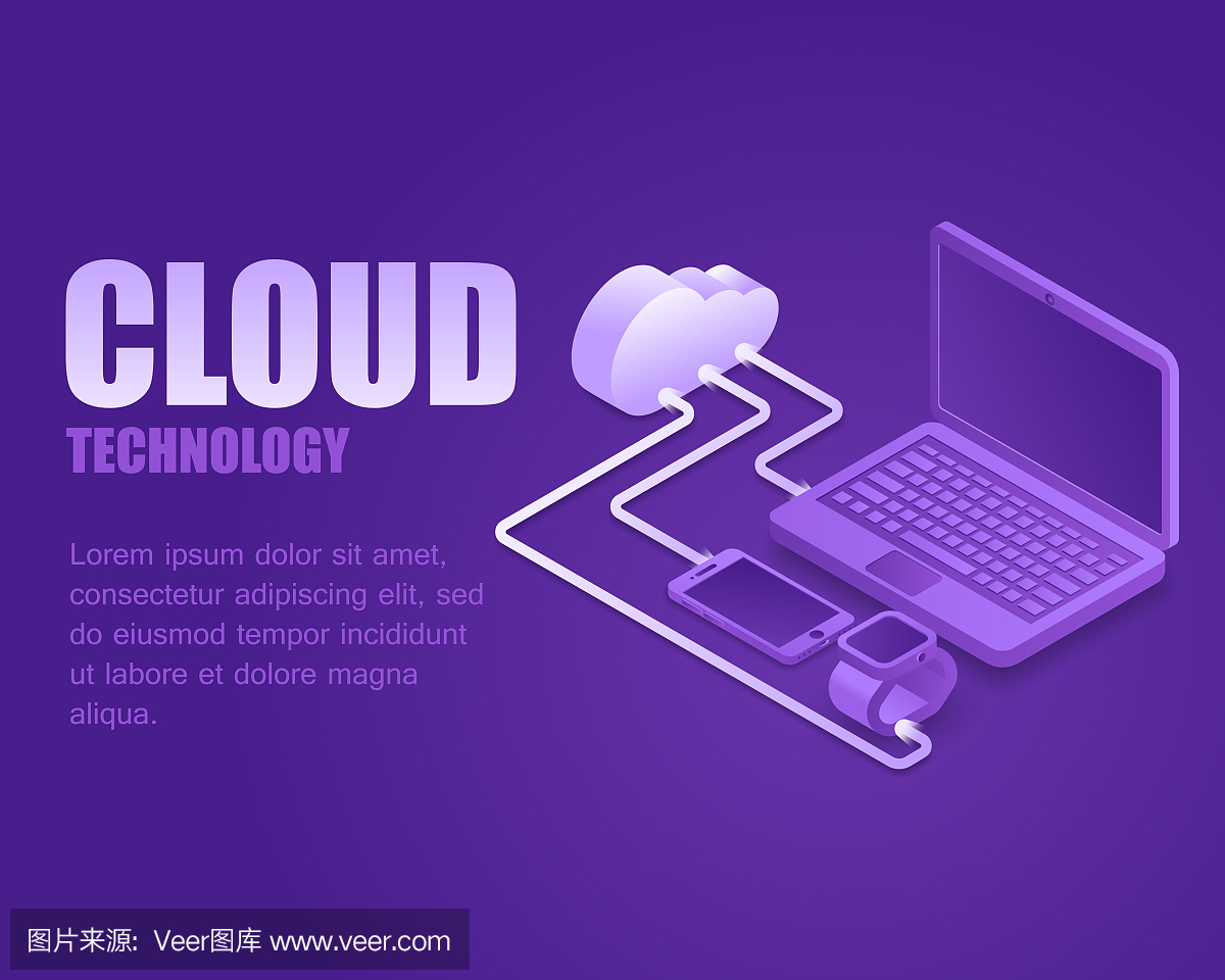 云存储的概念。矢量插图等距云与现代智能设备。登陆页面抽象云技术